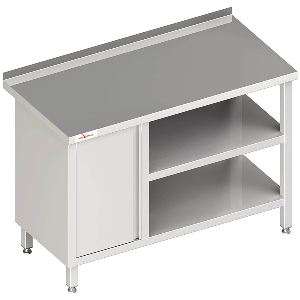 GASTROXTREM Arbeitstisch mit Grund- und Zwischenboden mit Flügeltürschrank links - verschweißt - vie