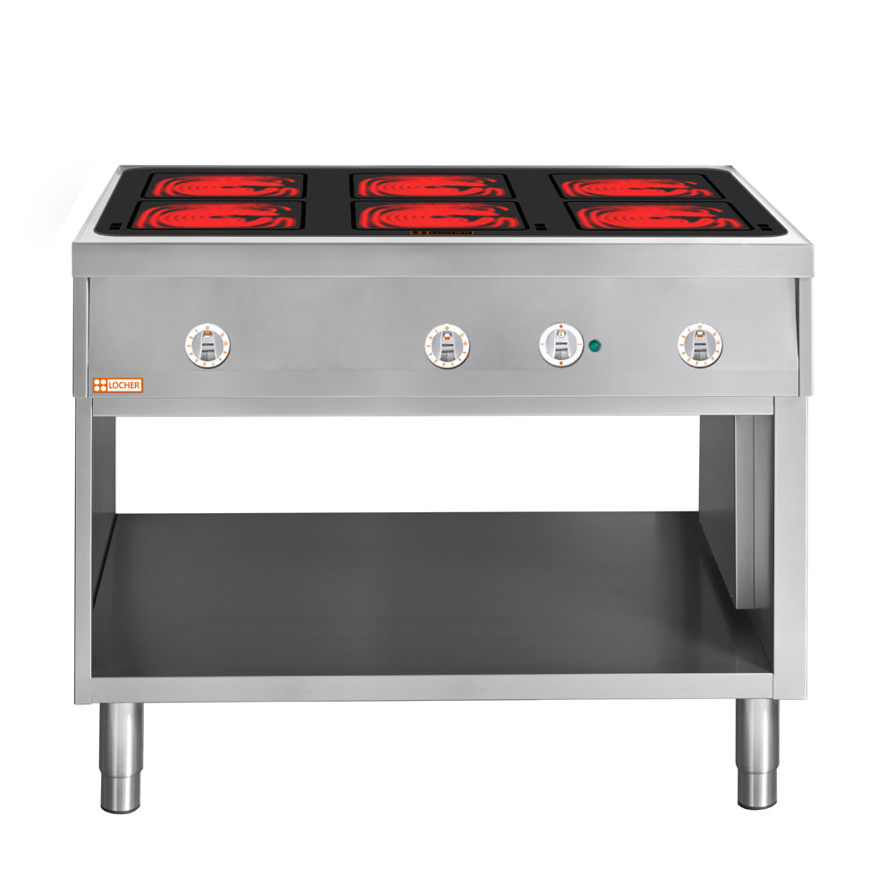 LOCHER 290305 ﻿Elektroherd, 6 Kochstellen á 4 kW,  - Strahlheizkörper mit elektronischer Topf