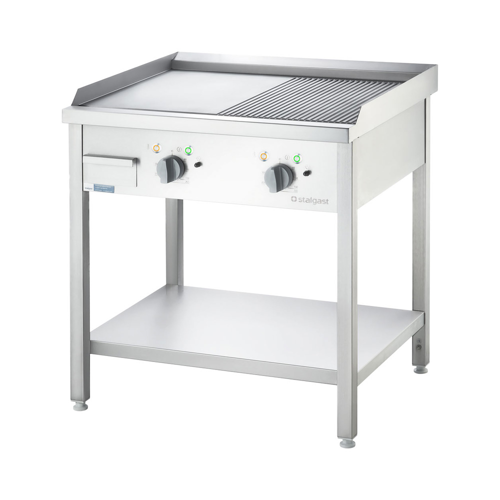 STALGAST Elektro-Griddleplatte als Standgerät - glatt / gerillt, Unterbau offen, 800 x 700 x 850 mm