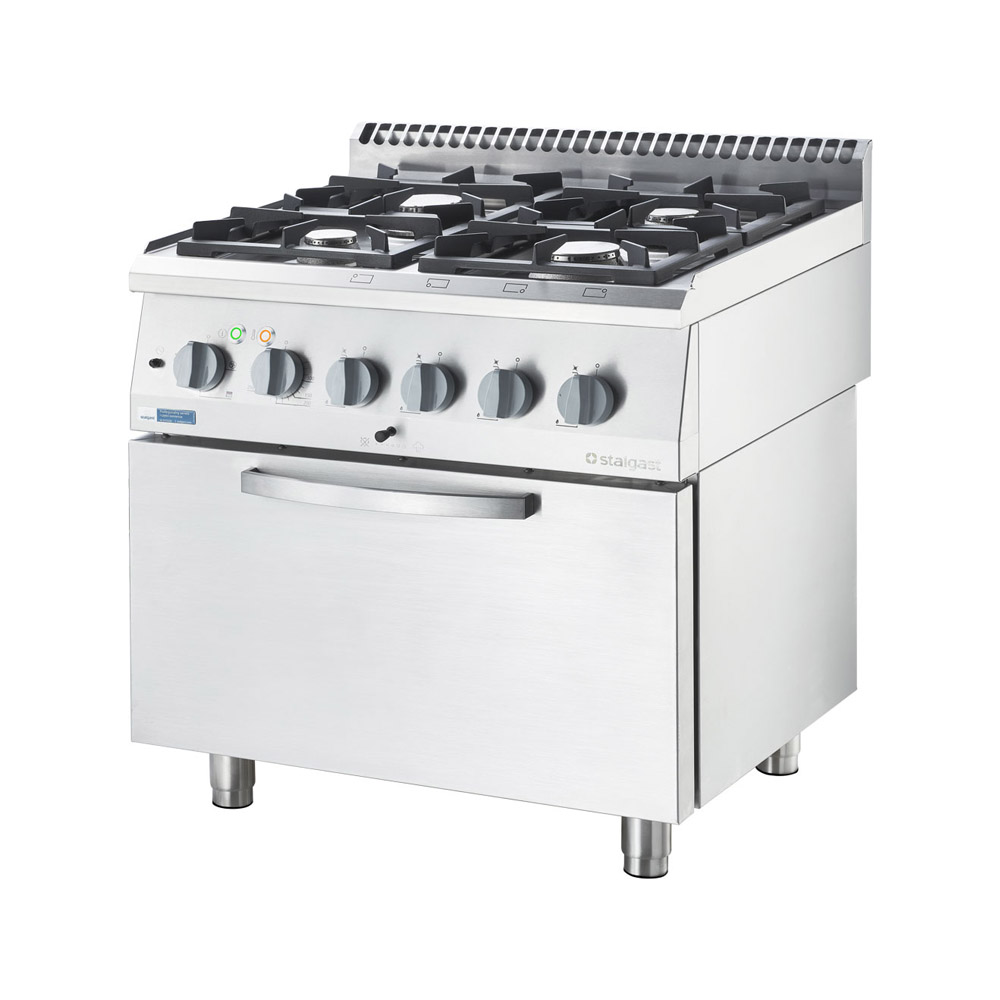 STALGAST Edelstahl Gasherd Basic mit 4 Brennern (2x3,5 +2x5) und Elektro-Umluft-Backofen  GN 2/1, Se