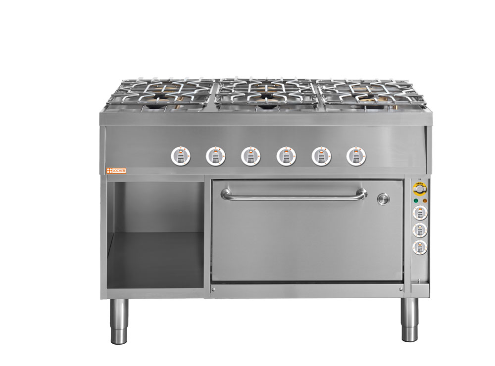 LOCHER 227008 Gasherd, 6 Kochstellen - und Elektro-Brat- und Backofen GN 1/1+ mit Umluft