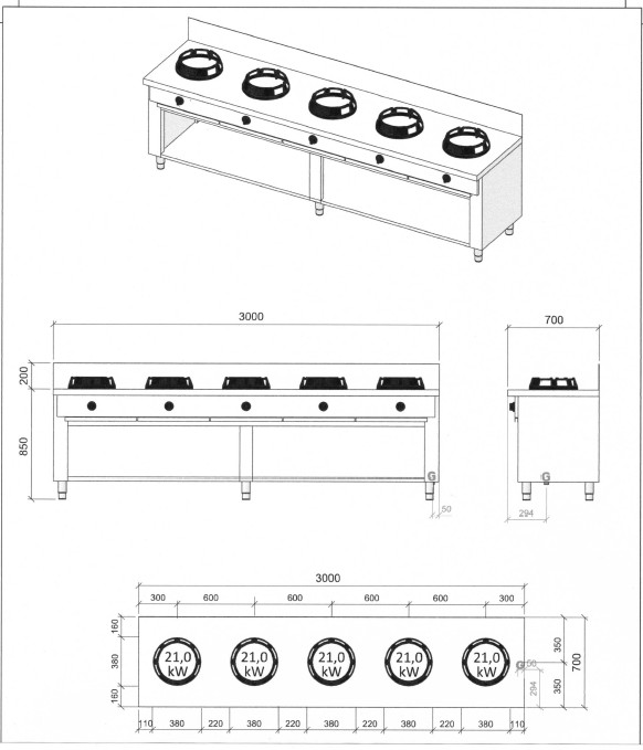 CASTA Chinaherd / Allgas-Wokherd , 5 x 21kW Brenner, 105 kW, Wand-Modell