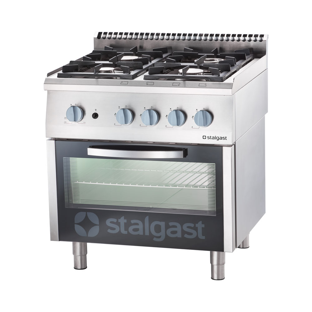 STALGAST Edelstahl Gasherd mit 4 Brennern (3,5+2x5+7) und Gas-Backofen GN2/1, Serie 700 ND