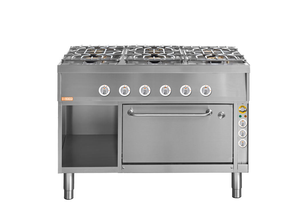 LOCHER 228106 Gasherd, 6 Kochstellen - und Elektro-Brat- und Backofen GN 1 1/2 mit Umluft