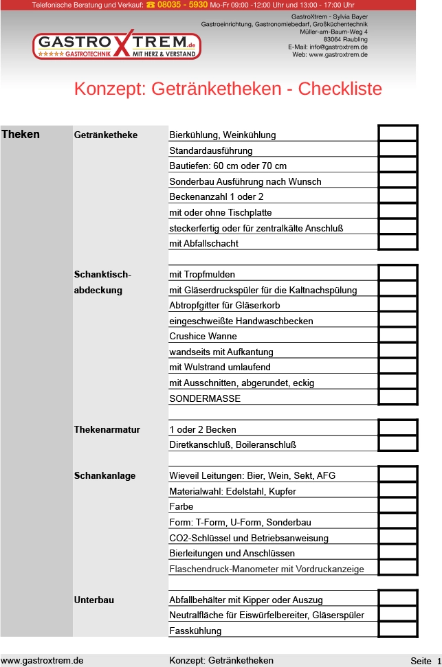 GastroXtrem Getränketheken - Checkliste