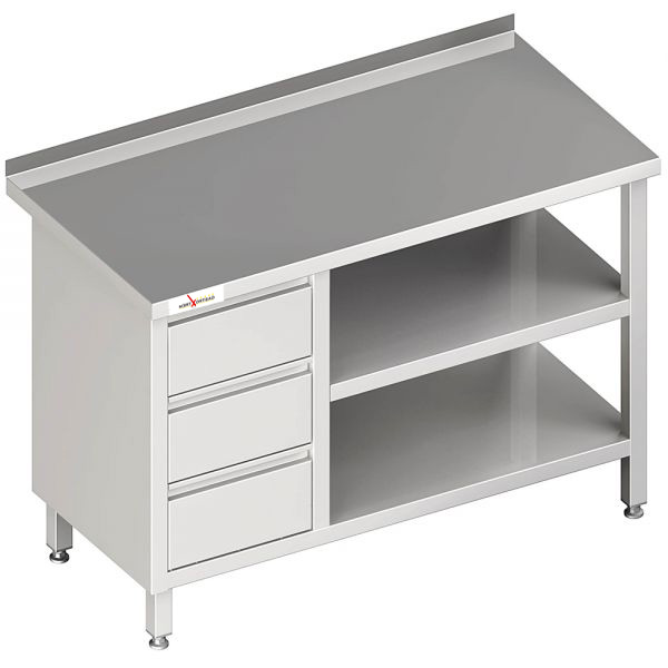 GASTROXTREM Arbeitstisch mit Grund- und Zwischenboden mit 3er Schubladenblock links - verschweißt -