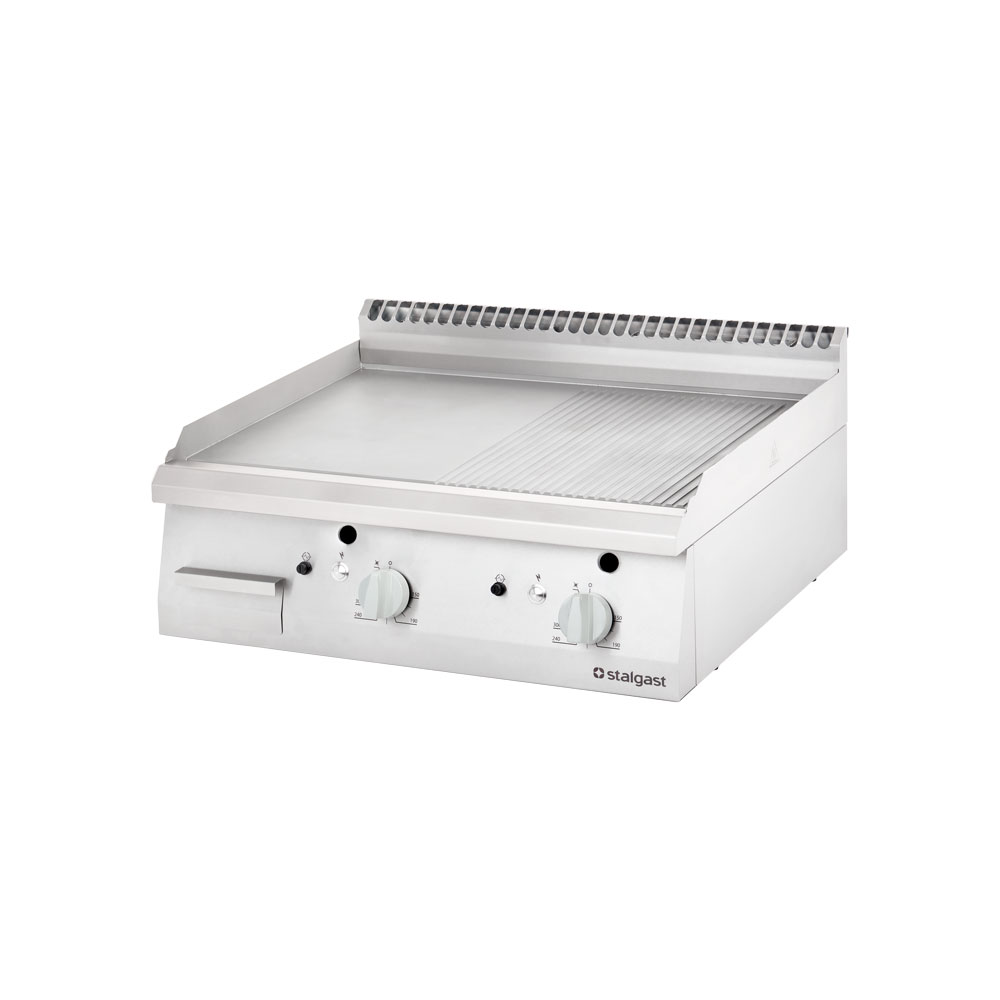 STALGAST Edelstahl Gas-Griddleplatte als Tischgerät, 800x700 mm, glatte/gerillte Grillfläche, Serie