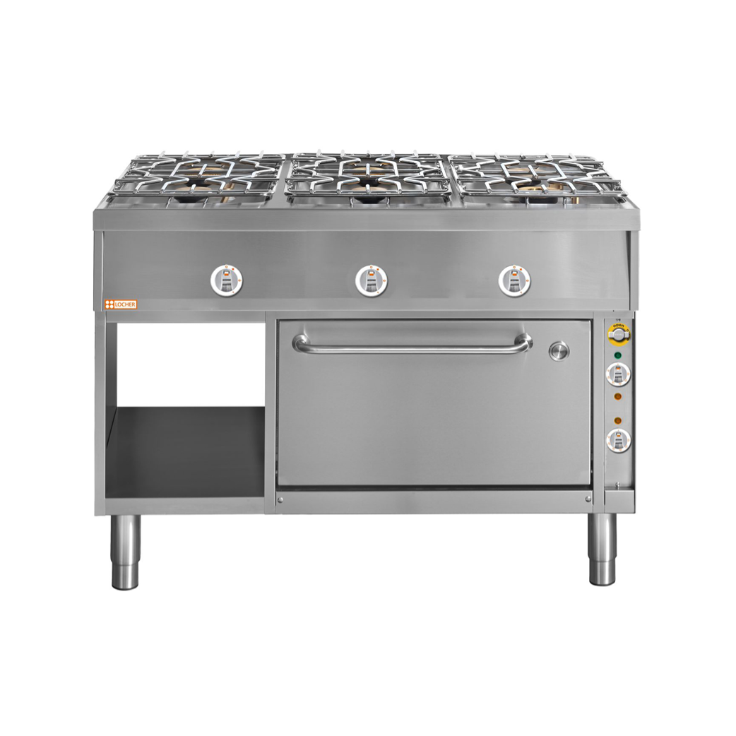 LOCHER 291004 Gasherd, 6 Kochstellen - und Elektro-Bratofen GN 2/1
