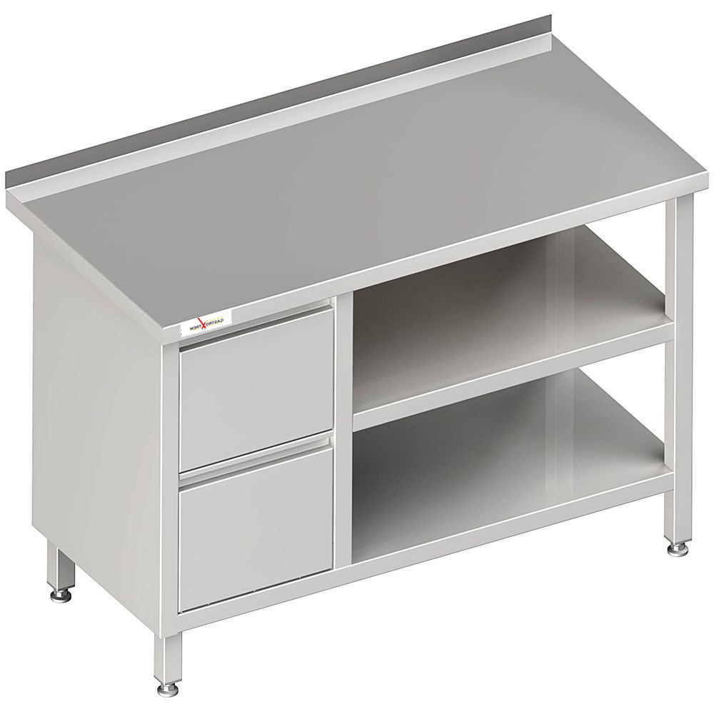 GASTROXTREM Arbeitstisch mit Grund- und Zwischenboden mit 2er Schubladenblock links - verschweißt -