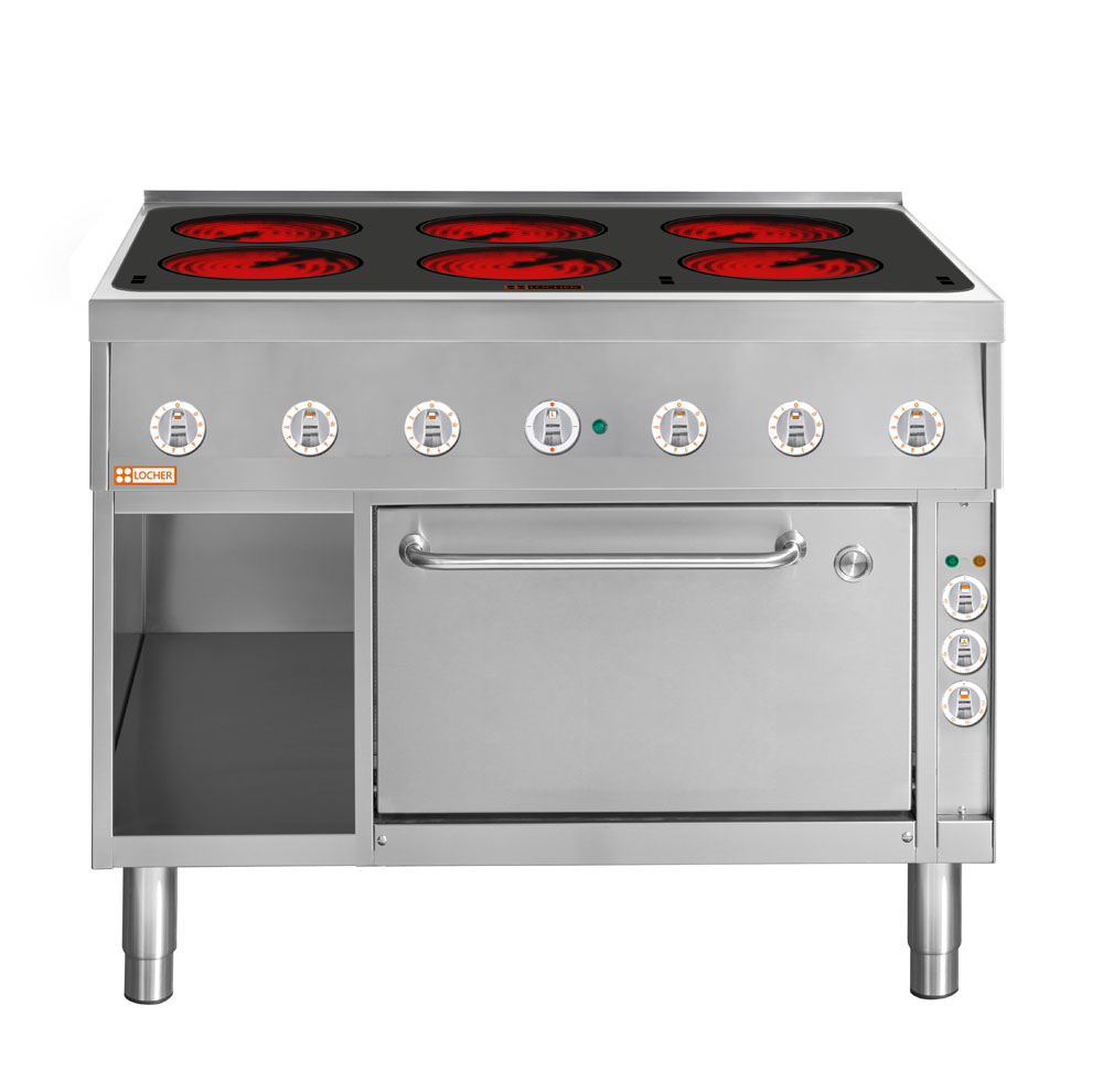 LOCHER 227314 Elektroherd, 6 Kochstellen á 3 kW, - Strahlheizkörper und - Brat- und Ba