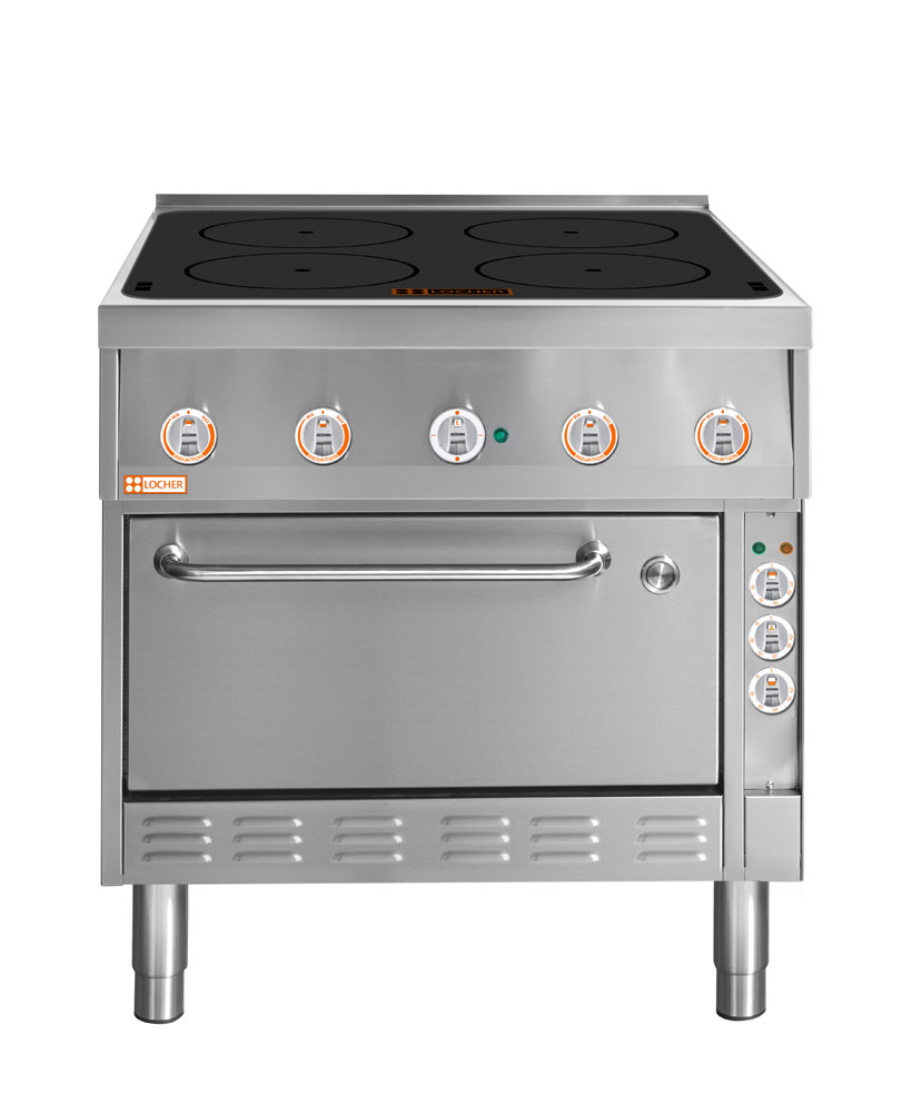 LOCHER 227209 ﻿Induktionsherd, 4 Kochstellen á 5 kW - mit Brat- und Backofen GN 1/1+ mit Umlu