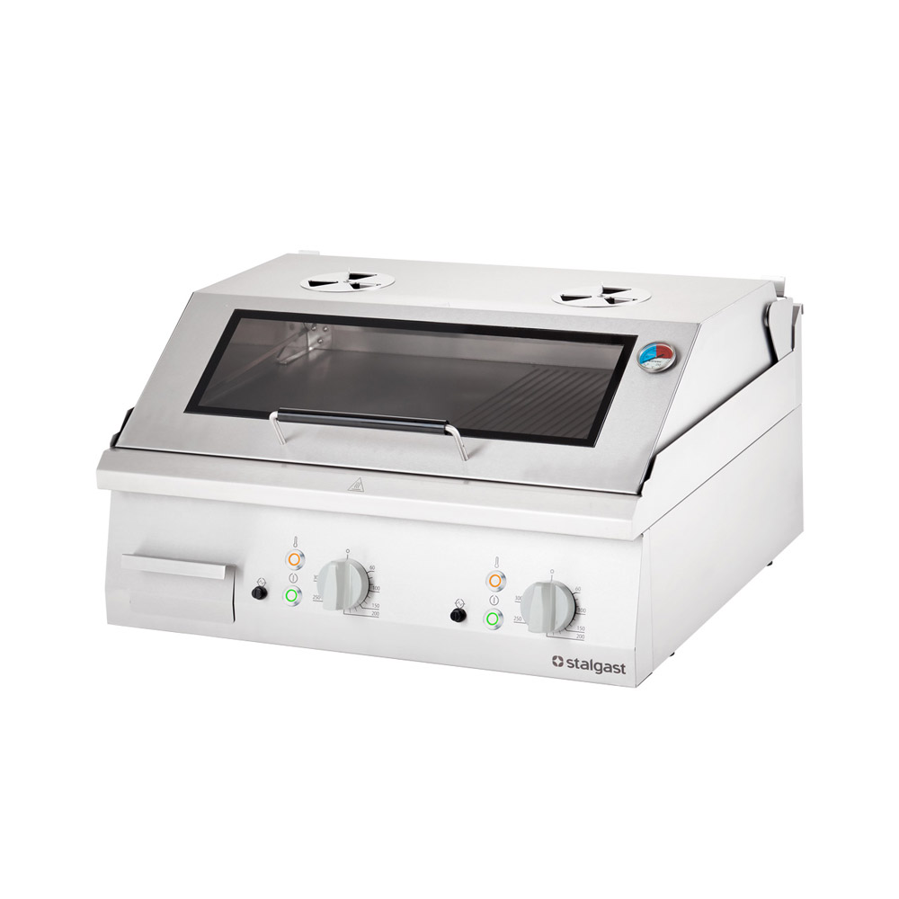 STALGAST Edelstahl Elektro-Griddleplatte als Tischgerät mit Deckel, 800x700 mm, glatte/gerillte Gril