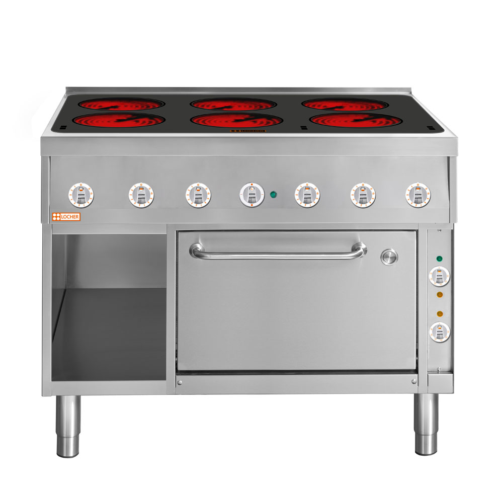LOCHER 227312 Elektroherd, 6 Kochstellen á 3 kW, - Strahlheizkörper und Bratofen GN 1 1/2 mit