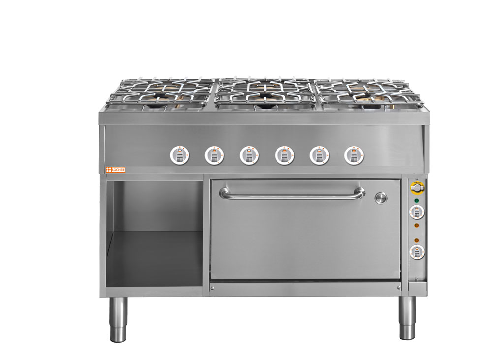 LOCHER 228004 Gasherd, 6 Kochstellen - und Elektro-Bratofen GN 2/1 mit Ober-/Unterhitze