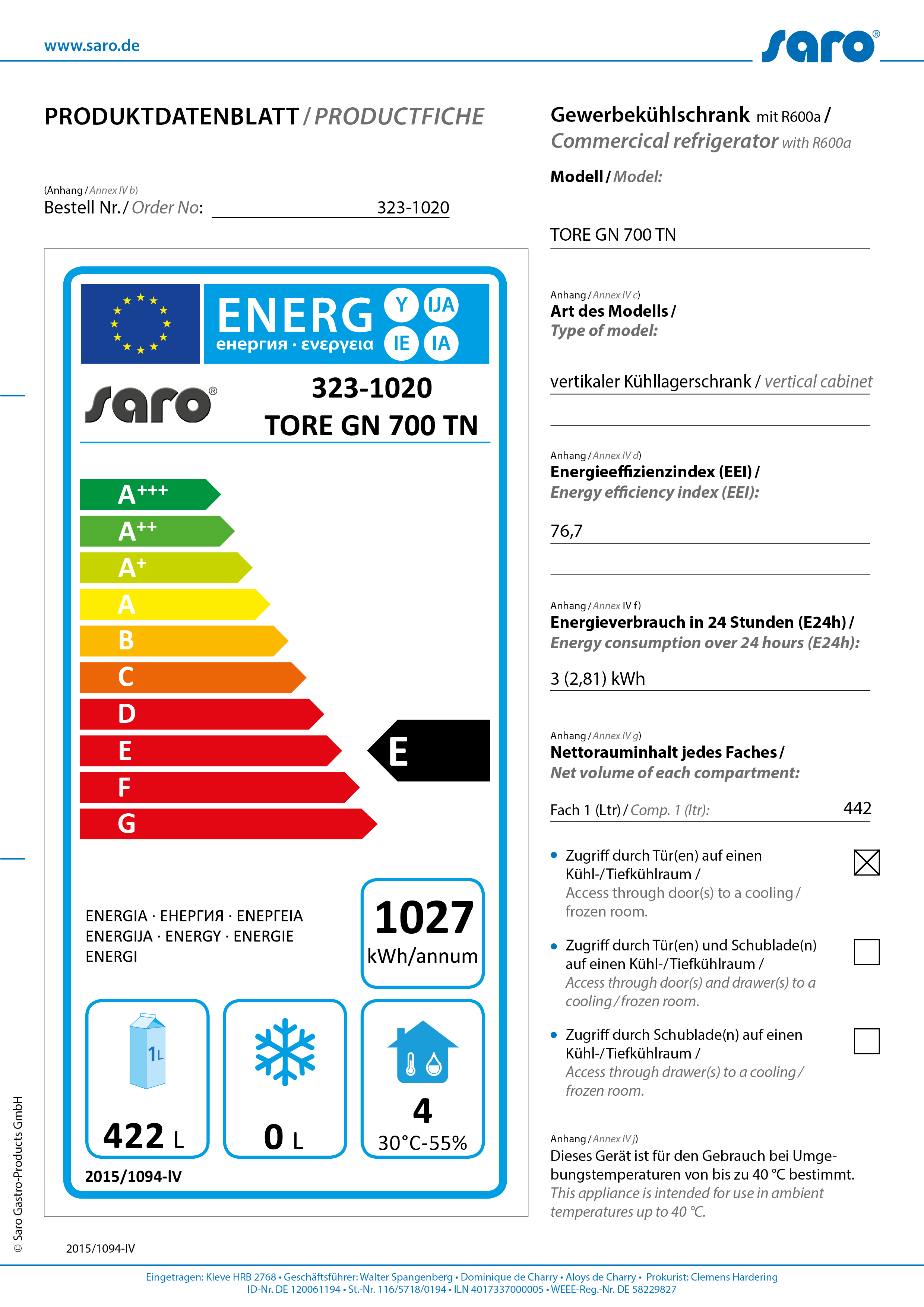 SARO Gewerbekühlschrank - 2/1 GN TORE GN 700 TN