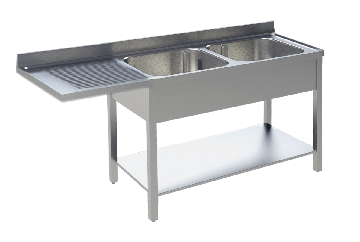 GASTROXTREM Edelstahl Spültisch mit Überstand mit 2 Becken mit Grundboden - versch. Ausführungen