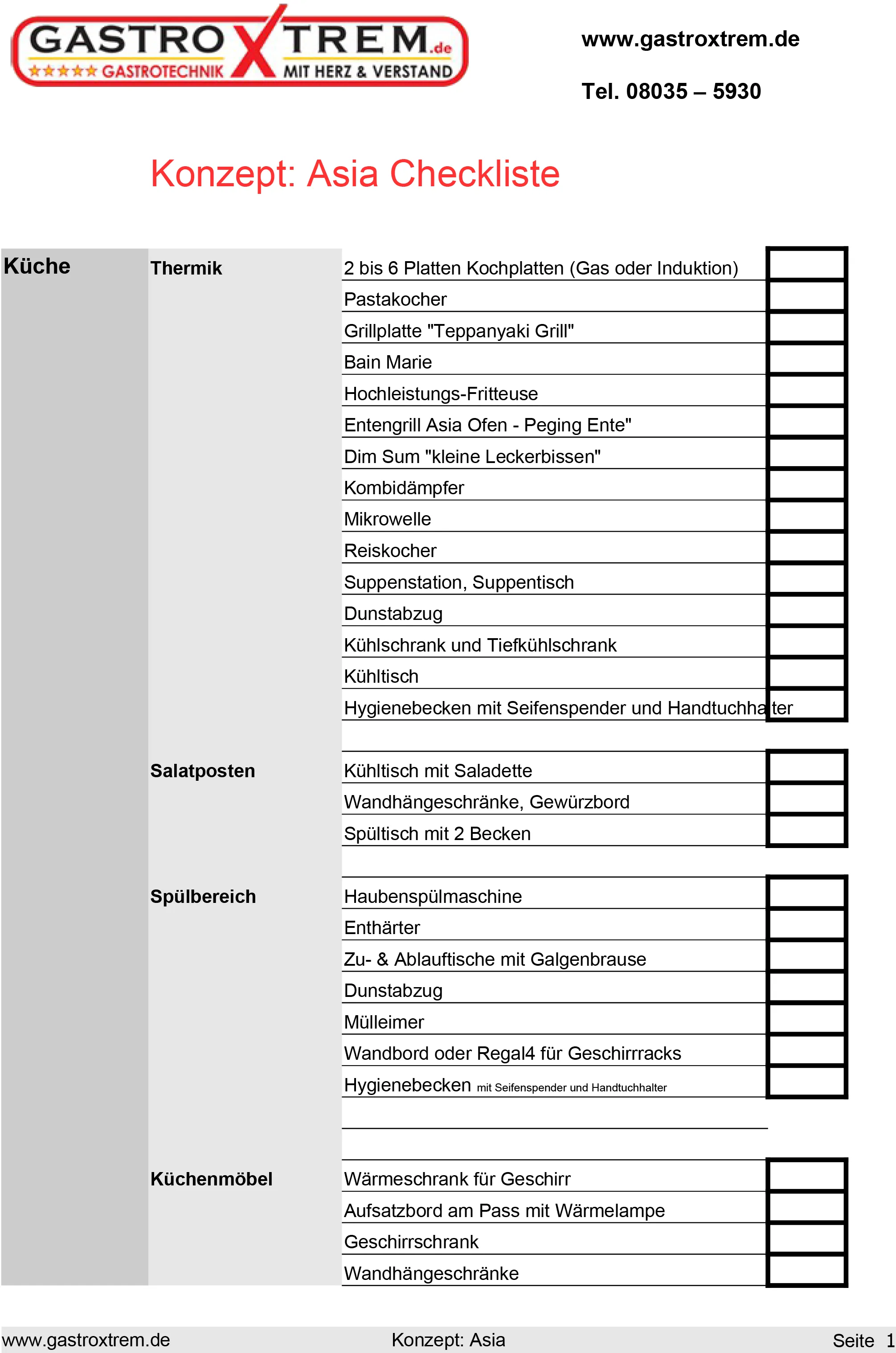 GastroXtrem Asia Kochsysteme - Checkliste