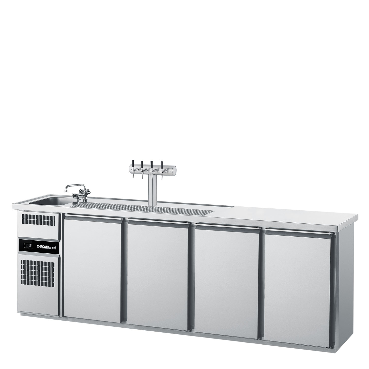 CHROMOnorm BIERTHEKE GN 1/1 - 1 BECKEN LINKS - 4 TÜREN - MIT ABDECKUNG - STECKERFERTIG