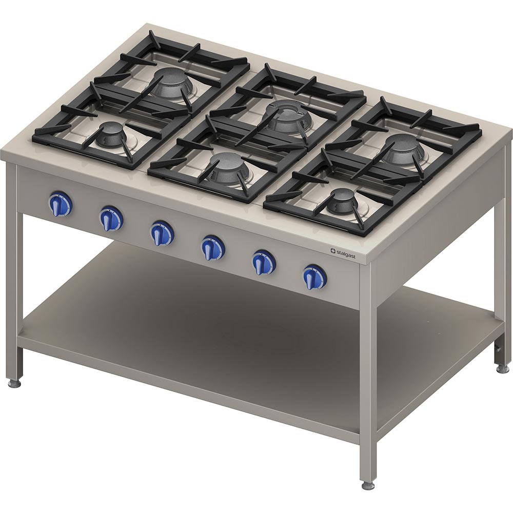 STALGAST Gasherd Serie 900 - 6-Brenner (3,5+3x5+2x7), 32,5 kW, G20, 1300 x 900 x 850 mm (BxTxH)